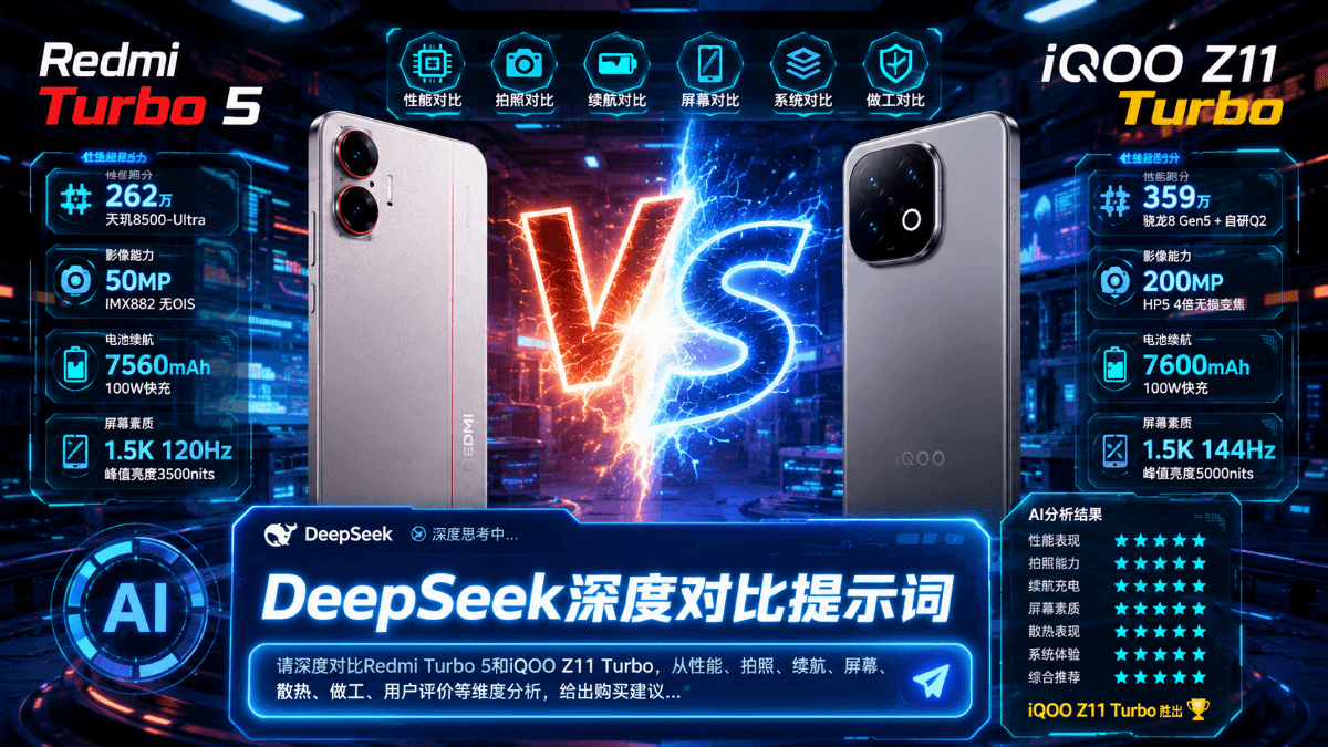 Redmi Turbo 5和iQOO Z11 Turbo哪个好?附DeepSeek深度对比提示词